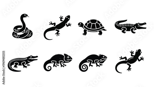 A collection of black reptile silhouettes including snakes lizards turtles and crocodiles presented in a simple style silhouette high quality professional