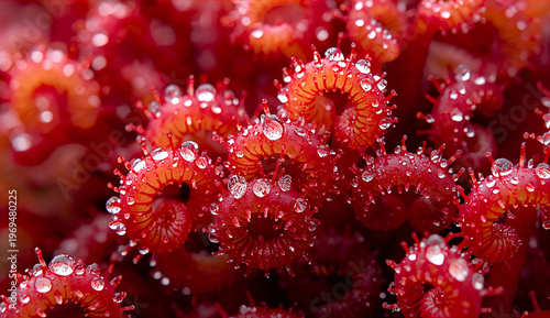 Vibrant red carnivorous Drosera plant with numerous glistening dew droplets on its sticky, tentacle-like structures. The scene conveys a vivid, delicate beauty.