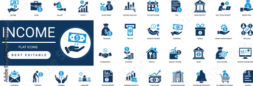 income solid icon set. money, profit, revenue, earnings, salary, investment, finance. editable vector illustration collection set.