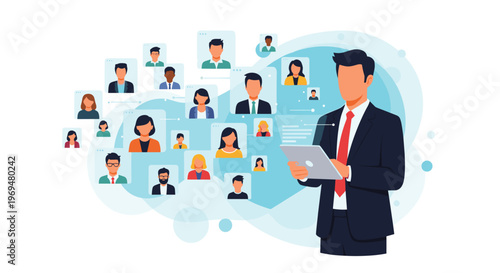 Professional businessman in a suit using a tablet to manage a large remote team represented by various profile icons in a cloud.