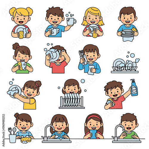 Children Washing Dishes Cartoon Set - Happy Kids Doing Chores