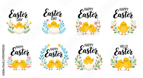 Set of Easter themed labels and stickers featuring cute yellow chicks with eggs, flowers, and wreaths for holiday greetings and decorations.