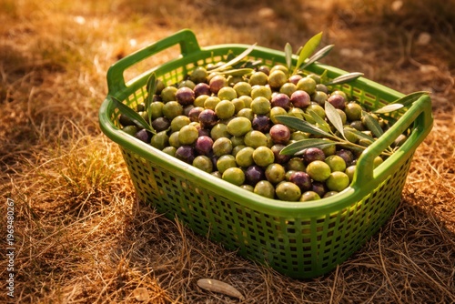 A vibrant plastic basket filled with freshly picked olives and green leaves resting on dry summer grass under warm sunlight