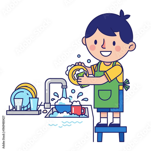 Happy boy washing dishes at sink, learning chores, cartoon style