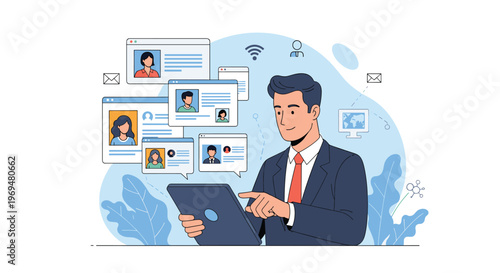 Modern businessman using a digital tablet to browse through several candidate profiles for hiring and recruitment in a professional office.