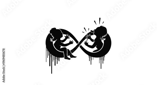 Children's silhouettes in an infinity symbol with dripping paint, symbolizing endless play and imagination.