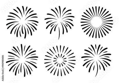 Six Stylized Black and White Fireworks Burst