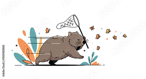 Energetic cartoon wombat running quickly through a field with a butterfly net trying to catch colorful butterflies in a nature scene.