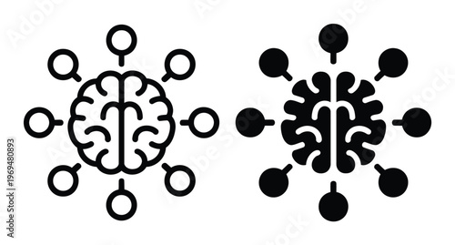 Two stylized brain with connecting nodes, representing AI and neural networks