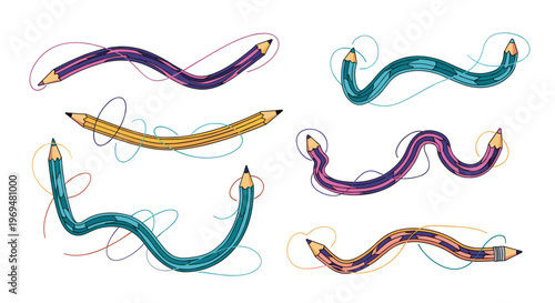 Playful collection of colorful wiggly and bendy cartoon pencils with swirly lines for creativity, art, and educational design concepts.
