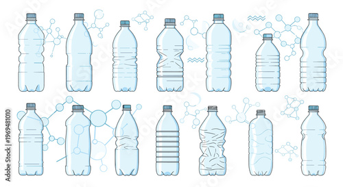 Comprehensive set of various plastic water bottle designs including full, empty, and crushed versions with chemical formulas on white.