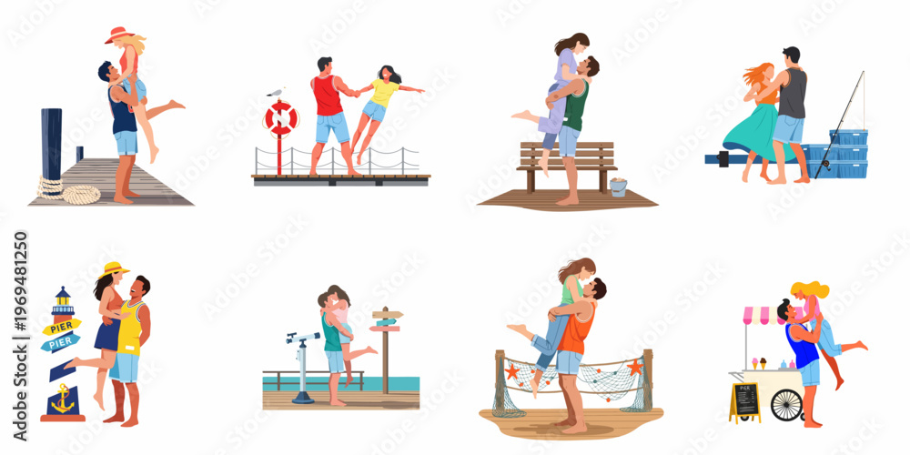 Fototapeta premium Collection of romantic young couples enjoying summer activities and dates at a wooden pier by the sea, including hugging, dancing, and fishing.
