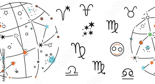 Decorative map of the night sky featuring various zodiac signs, constellations, and astronomical symbols in a minimalist hand drawn style.