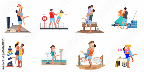 Collection of romantic young couples enjoying summer activities and dates at a wooden pier by the sea, including hugging, dancing, and fishing.