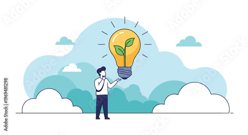 Innovative businessman thinking of green energy solutions with a growing plant inside a lightbulb symbol against a cloudy sky background.
