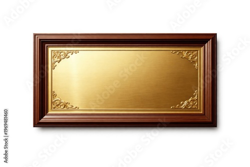 Elegant Gold Nameplate in Ornate Wooden Frame Isolated on White