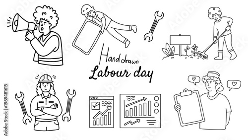 hand drawn labour day celebration set featuring diverse professional workers and data analysis