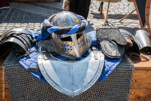 Renaissance festival medieval time fair with colorful banners and lively market scene and engaging in crafts, Sibiu, Romania