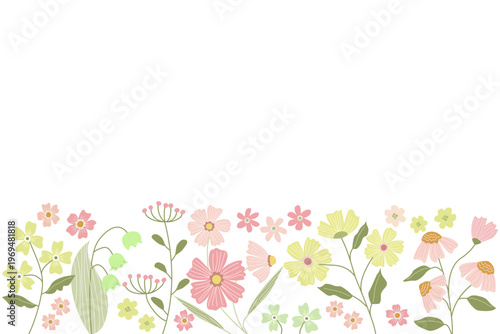 Horizontal bottom border of colorful wildflowers and herbs in a hand drawn flat style for web banners and natural product packaging