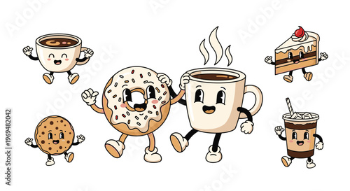 Whimsical collection of vintage style cartoon breakfast characters like donuts, coffee, and cookies dancing and celebrating with joy.