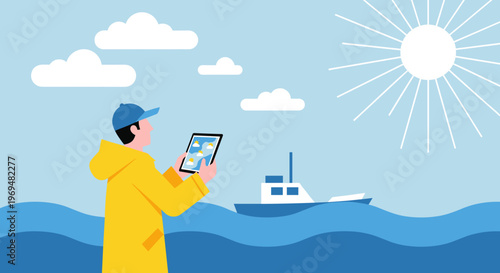 Man in yellow coat holding tablet.