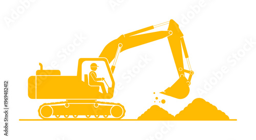 Yellow excavator digging pile dirt.
