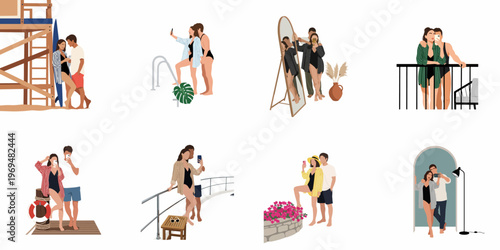 Set of flat vector illustrations featuring a young couple enjoying their summer vacation, taking selfies in various holiday locations.