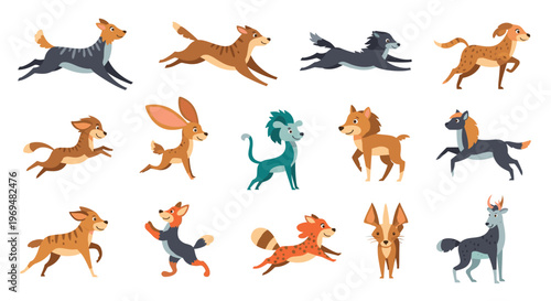 Creative collection of various cartoon fantasy animals in running and playing poses with unique features and colorful designs on white.