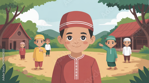 Young smiling boy wearing traditional attire standing in front of village houses and friends