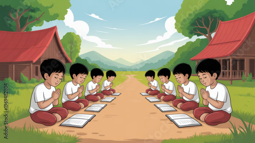 Young boys in traditional uniforms meditating in a rural setting with mountains