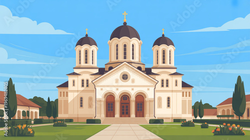 Large beige church with three domes and brown doors on green lawn with blue sky