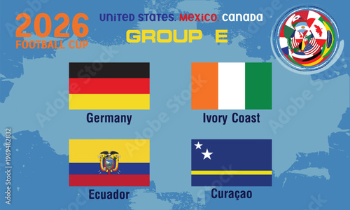 Germany,Ecuador,Ivory Coast,Curaçao, Countries and Flags soccer championship group E, 2026 football tournament group E. The 2026 football championship in the USA, Canada, and Mexico.eps