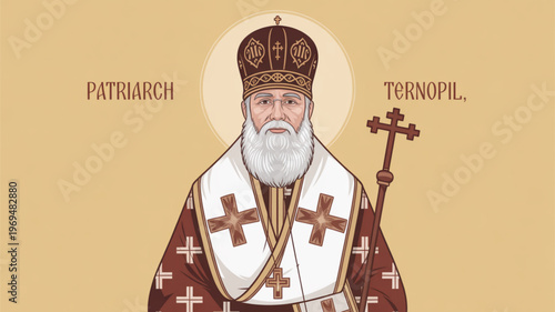 Illustration of a bearded orthodox patriarch in traditional bishop attire with crosses and a halo on a beige background