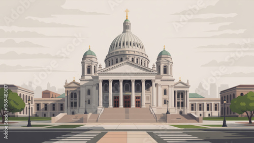 Large white government building with columns and dome city skyline background daytime