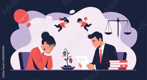 Emotional divorce legal proceedings with couple and lawyer including symbols of justice and family separation concepts.