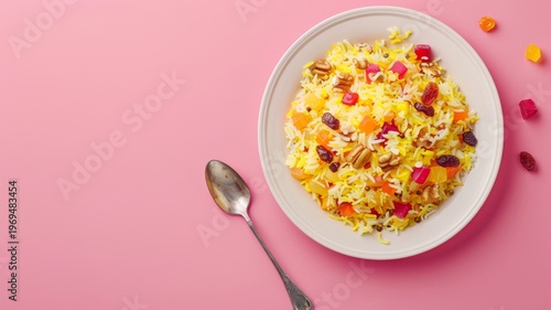 Sweet yellow saffron rice with dried fruits and nuts served on a white plate with a silver spoon on a vibrant pink background for festive culinary presentation