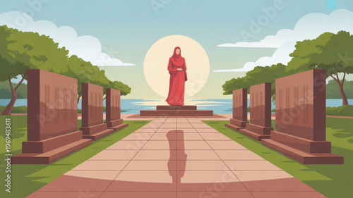 Serene buddhist monk statue in garden with pathway trees and sunset background symbolizing peace and spirituality
