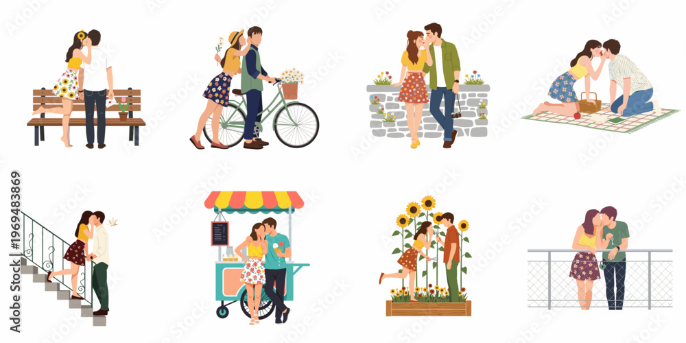 Fototapeta premium Set of romantic couple illustrations showing man and woman whispering, dating, and enjoying various outdoor activities like picnics, cycling, and park walks.