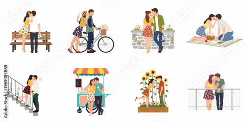 Set of romantic couple illustrations showing man and woman whispering, dating, and enjoying various outdoor activities like picnics, cycling, and park walks.