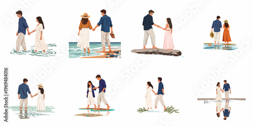 Collection of romantic couple illustrations enjoying summer beach activities, walking by the sea, and holding hands in a minimalist flat vector style.