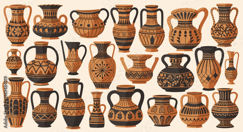 Exquisite collection of ancient greek pottery with traditional black and brown patterns for museum and history themes.