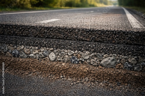 Detailed cross section view of asphalt road with visible tarmac texture and layered aggregate materials