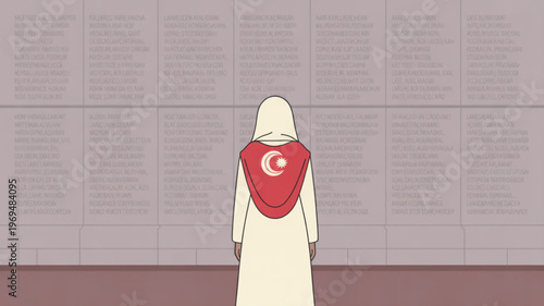 Woman in white dress with turkish flag scarf standing before memorial wall with inscriptions