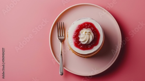 Delicious mini cheesecake topped with sweet red strawberry jam and whipped cream served on a minimalist pastel pink plate with a silver fork for elegant dessert