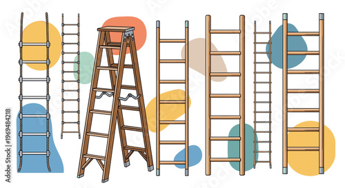 Wide variety of wooden and rope ladders on abstract background for modern construction and indoor climbing concepts.