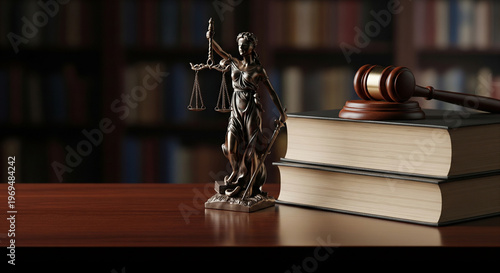 Justice scales statue and a gavel on legal desk perfect for litigation and criminal defense attorneys