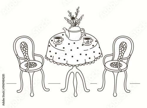 Vector illustration of cozy garden tea scene featuring round table with polka dot tablecloth ornate chairs teapot floral bouquet. Hand drawn line art in vintage cottagecore style for decor.