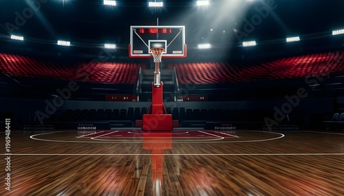 Empty basketball court with bright lights and red seating, ready for game day