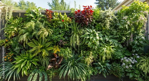 Sunlit vertical garden wall exhibiting a range of ornamental plants for residential outdoor appeal