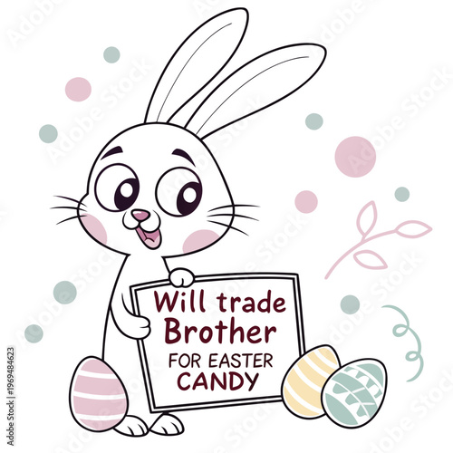 Cute cartoon bunny holding sign for Easter candy trade